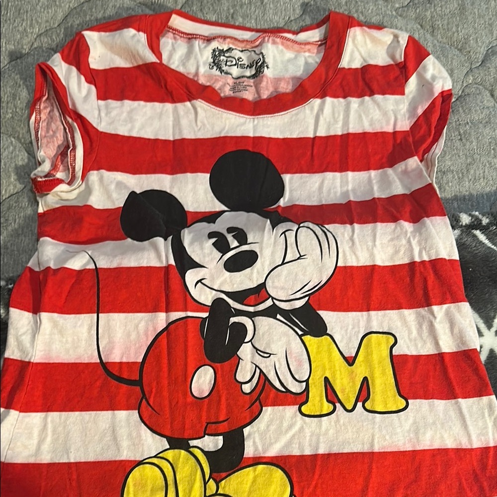 Disney Red and White Striped Mickey Mouse Tee